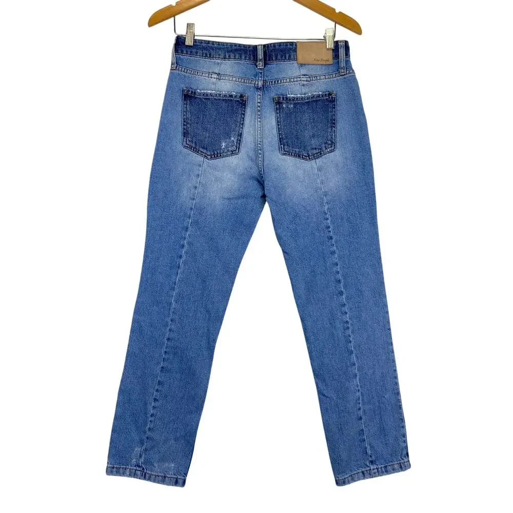 Free People Patchwork 2 Tone Boyfriend Jeans Sz 27 High Rise Cropped Distressed - Picture 5 of 12